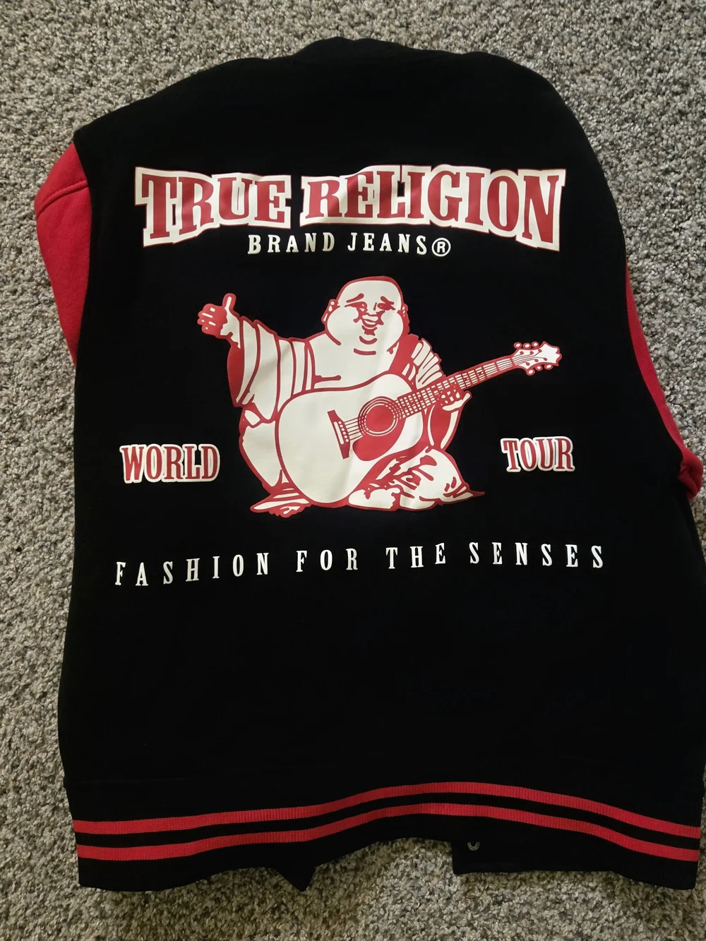True Religion Black and Red Mens Letterman Jacket